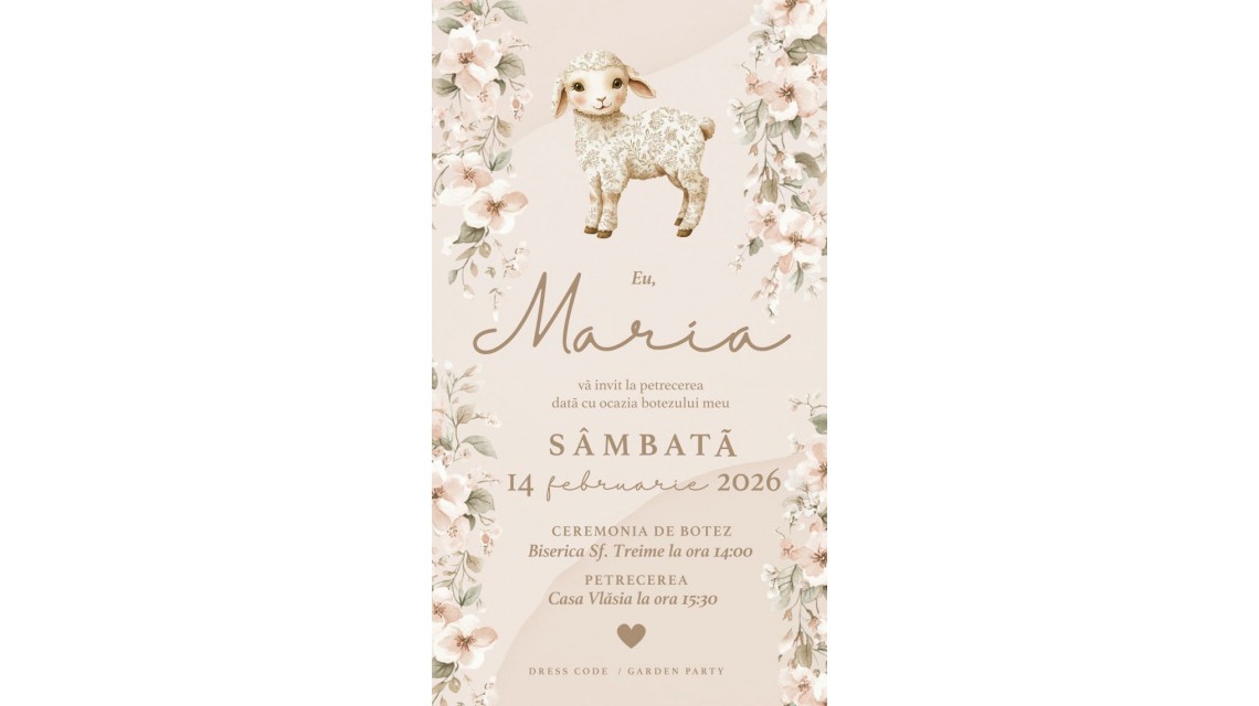 Invitație digitală botez fetiță cu un pui de miel si flori pastelate Mielut 1